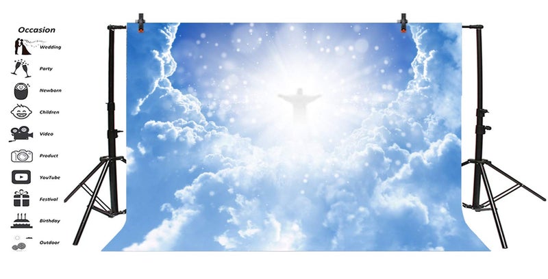 Leyiyi 5x3ft Jesus Christ in Sky Photography Background Paradise God Place Heaven Cloud Bokeh Haloes Spot Sacred Banner Backdrop Merry Christmas Baptism Kids Birthday Photo Portrait Vinyl Studio Prop - Image 3